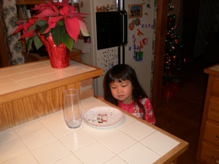 Kasen checking out Santa's plate and glass